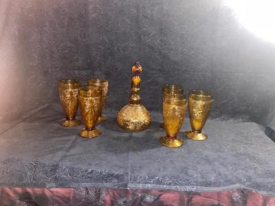 AMBER COLORED DECANTER AND GOBLETS