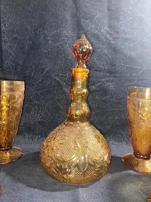 AMBER COLORED DECANTER AND GOBLETS