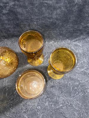 AMBER COLORED DECANTER AND GOBLETS