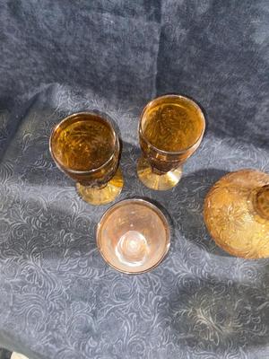 AMBER COLORED DECANTER AND GOBLETS