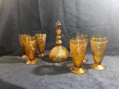 AMBER COLORED DECANTER AND GOBLETS