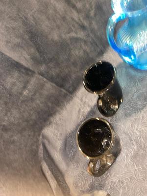 BLUE GLASS PITCHER AND BLACK TIARA HORN MUGS
