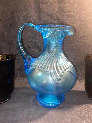 BLUE GLASS PITCHER AND BLACK TIARA HORN MUGS
