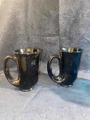 BLUE GLASS PITCHER AND BLACK TIARA HORN MUGS