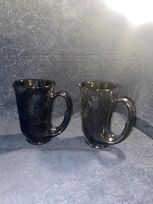 BLUE GLASS PITCHER AND BLACK TIARA HORN MUGS