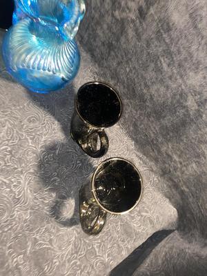 BLUE GLASS PITCHER AND BLACK TIARA HORN MUGS