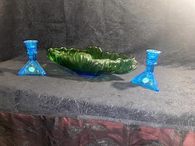 BEAUTIFUL GLASS CENTERPIECE BOWL WITH BLUE TIARA CANDLESTICK HOLDERS