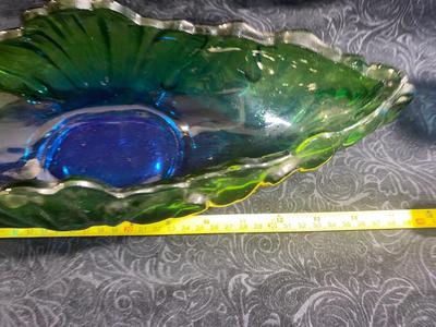 BEAUTIFUL GLASS CENTERPIECE BOWL WITH BLUE TIARA CANDLESTICK HOLDERS