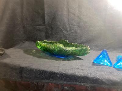 BEAUTIFUL GLASS CENTERPIECE BOWL WITH BLUE TIARA CANDLESTICK HOLDERS