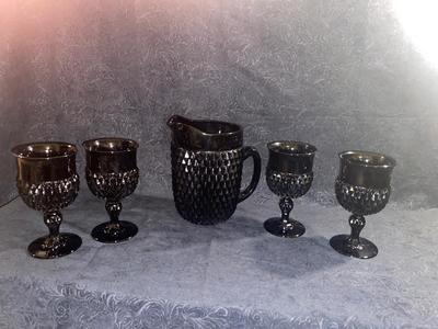 TIARA BLACK ONYX DIAMOND POINT STEMMED GOBLETS AND PITCHER