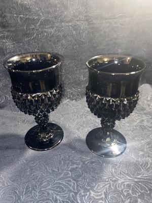 TIARA BLACK ONYX DIAMOND POINT STEMMED GOBLETS AND PITCHER