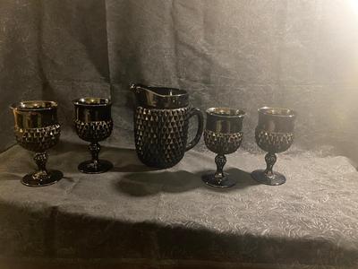 TIARA BLACK ONYX DIAMOND POINT STEMMED GOBLETS AND PITCHER