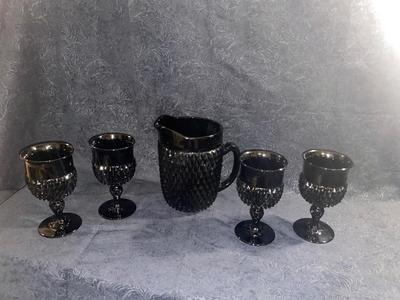 TIARA BLACK ONYX DIAMOND POINT STEMMED GOBLETS AND PITCHER