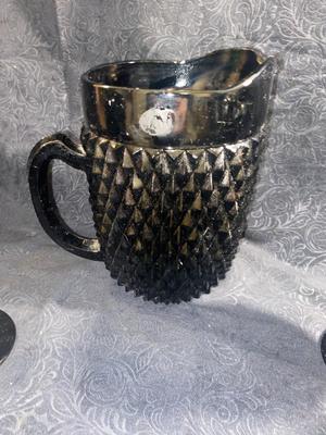 TIARA BLACK ONYX DIAMOND POINT STEMMED GOBLETS AND PITCHER