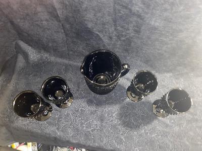 TIARA BLACK ONYX DIAMOND POINT STEMMED GOBLETS AND PITCHER