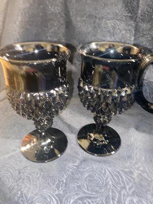 TIARA BLACK ONYX DIAMOND POINT STEMMED GOBLETS AND PITCHER