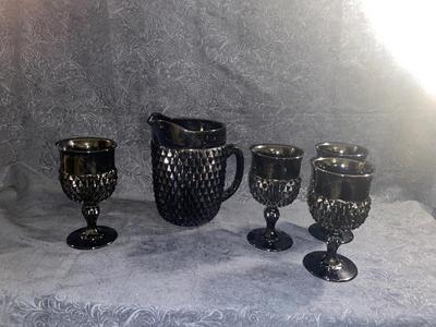 TIARA BLACK ONYX DIAMOND POINT STEMMED GOBLETS AND PITCHER