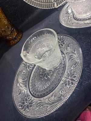 CLEAR TIARA GLASS HOSTESS PARTY SNACK SET, SERVING PLATTERS AND AMBER BASKET