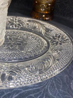 CLEAR TIARA GLASS HOSTESS PARTY SNACK SET, SERVING PLATTERS AND AMBER BASKET