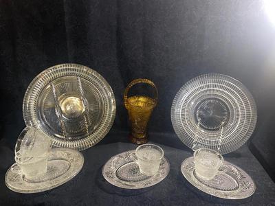 CLEAR TIARA GLASS HOSTESS PARTY SNACK SET, SERVING PLATTERS AND AMBER BASKET