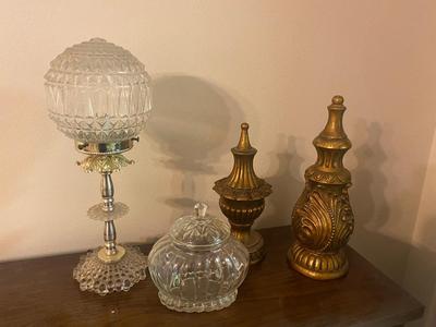 VINTAGE GLASS LAMP, HOME INTERIORS ACCENTS AND CANDY DISH