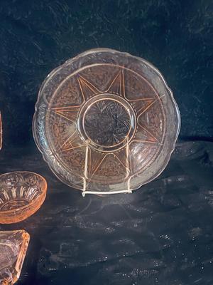 2 PINK DEPRESSION GLASS SERVING BOWLS, ASHTRAY AND CONDIMENT BOWL