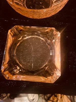 2 PINK DEPRESSION GLASS SERVING BOWLS, ASHTRAY AND CONDIMENT BOWL