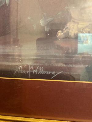 ALBERT WILLIAMS FRAMED PRINT AND VINTAGE GLASSWARE