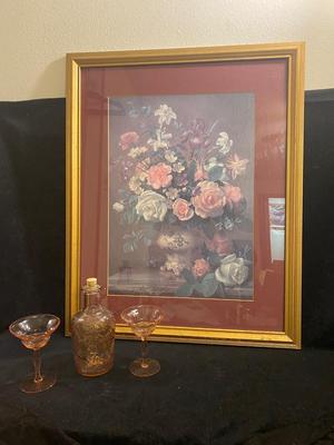ALBERT WILLIAMS FRAMED PRINT AND VINTAGE GLASSWARE