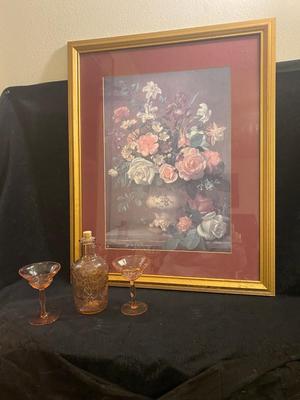 ALBERT WILLIAMS FRAMED PRINT AND VINTAGE GLASSWARE