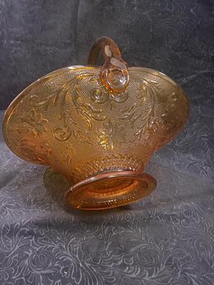 AMBER GLASS BASKET AND A FAIRY LAMP