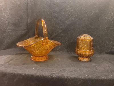 AMBER GLASS BASKET AND A FAIRY LAMP