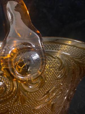 AMBER GLASS BASKET AND A FAIRY LAMP