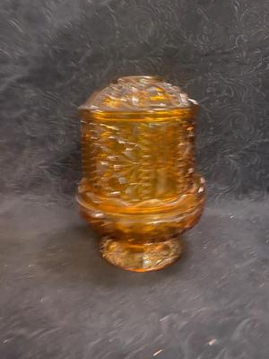 AMBER GLASS BASKET AND A FAIRY LAMP