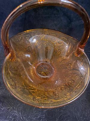 AMBER GLASS BASKET AND A FAIRY LAMP