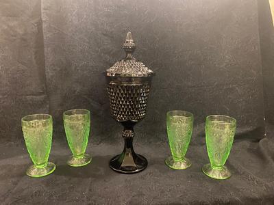 TIARA GREEN GOBLETS AND BLACK COVERED DISH