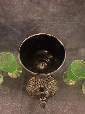 TIARA GREEN GOBLETS AND BLACK COVERED DISH