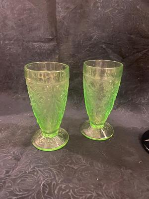 TIARA GREEN GOBLETS AND BLACK COVERED DISH