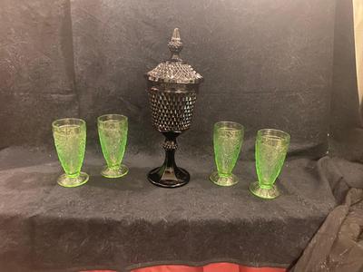 TIARA GREEN GOBLETS AND BLACK COVERED DISH