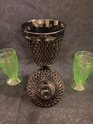 TIARA GREEN GOBLETS AND BLACK COVERED DISH