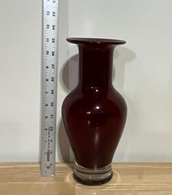 Burgundy Vase with clear base, thick, heavy 11”
