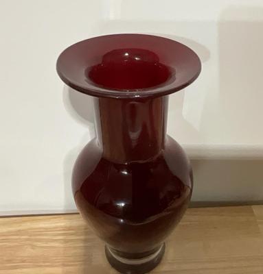 Burgundy Vase with clear base, thick, heavy 11”