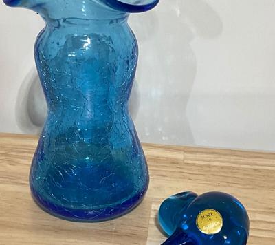 Vintage MC Blue Crackle Glass Vase, Art Glass Blue Bird made in Sweden