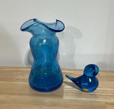 Vintage MC Blue Crackle Glass Vase, Art Glass Blue Bird made in Sweden