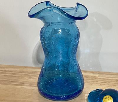 Vintage MC Blue Crackle Glass Vase, Art Glass Blue Bird made in Sweden