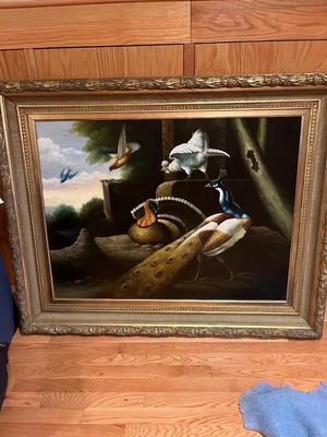Gorgeous Peacock oil painting in gold frame.