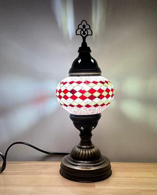 Turkish Mosaic Table Lamp, Red and White 14”