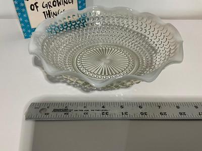 Anchor Hocking Moonstone Opalescent Crimped Edge Bowl with wooden decor