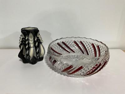 Vintage Ruby Red/Clear Crystal Bowl with Handcrafted Little Village Candle