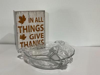 Vintage Fostoria Meadow Rose Clear Floral Etched Glass 8in, round w/divided dish.
